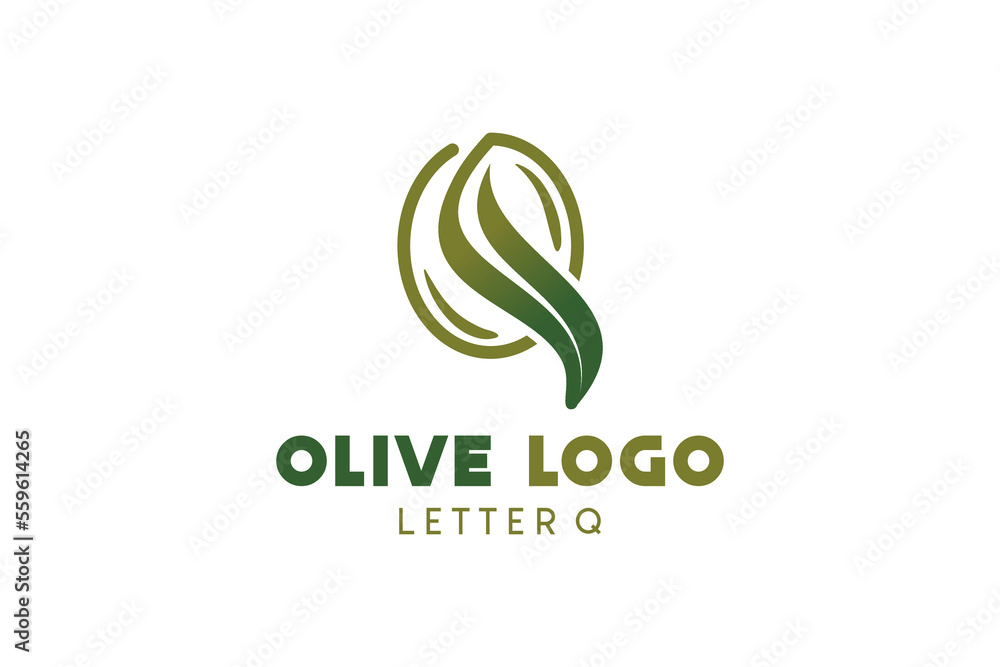 Olive logo design with letter q concept, natural green olive vector illustration Olive logo design with letter q concept, natural green olive vector illustration