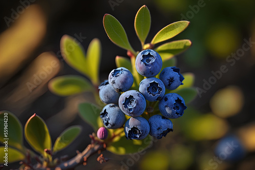On a blueberry shrub in a natural setting, ripe blueberries (bilberries) are seen. Generative AI photo