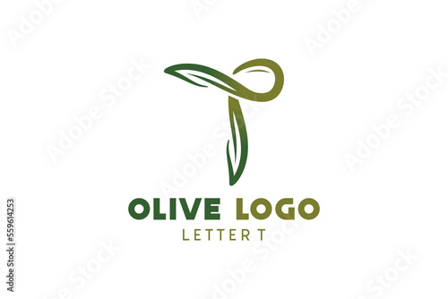 Olive logo design with letter t concept, natural green olive vector illustration
