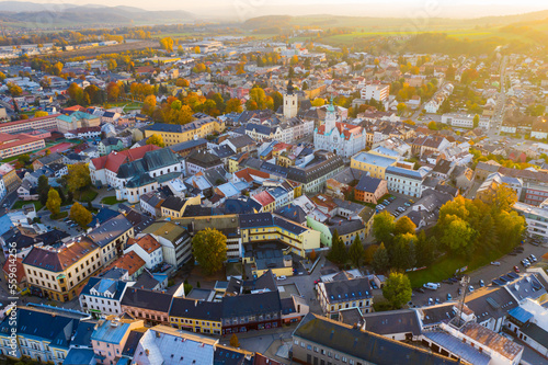 Aerial view of Sumperk cityscape overlooking Town hall and Saint John Baptist church on autumn day  Czech Republic