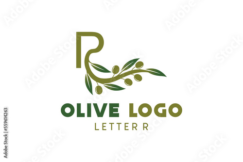 Olive logo design with letter r concept, natural green olive vector illustration