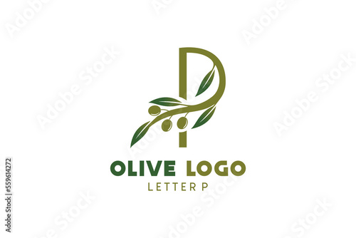 Olive logo design with letter p concept, natural green olive vector illustration