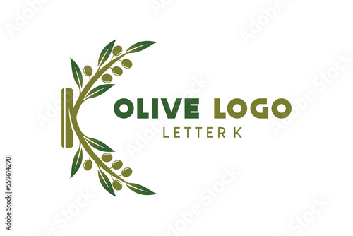 Olive logo design with letter k concept, natural green olive vector illustration