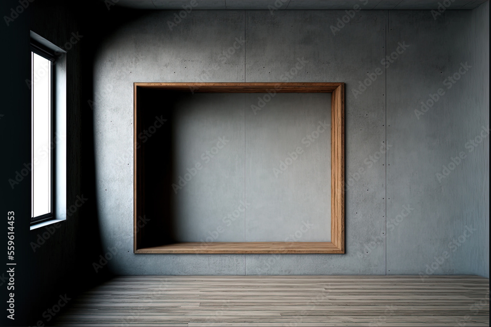 a concrete wall with a wooden frame and wood texturing. Generative AI a concrete wall with a wooden frame and wood texturing. Generative AI