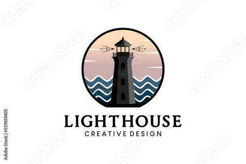 Lighthouse logo design with waves and sky background