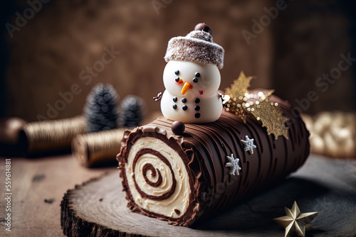 On a wooden table, a chocolate yule log cake or buche de noel with a marzipan snowman and Christmas ornament. Generative AI