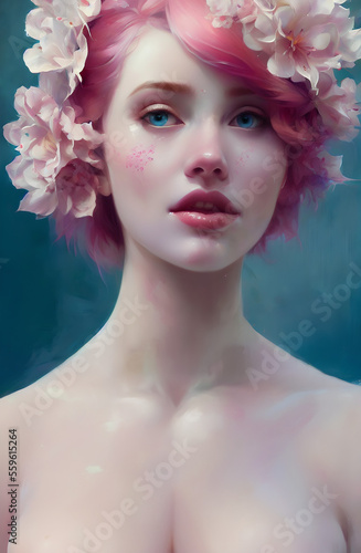 Portrait of a naked blue-eyed girl with pink hair decorated with flowers. Generative AI art photo