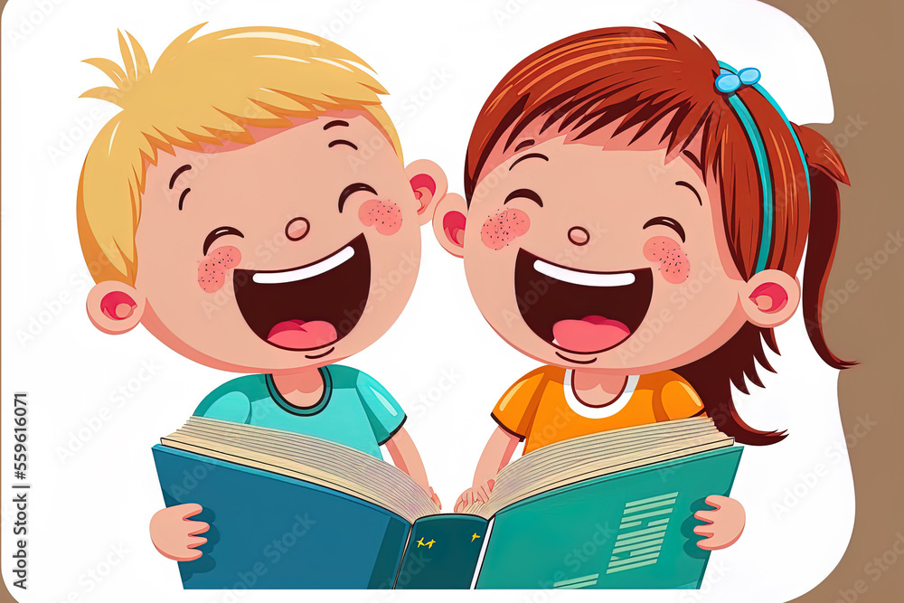 Laughing children learn and read books together. Generative AI Laughing children learn and read books together. Generative AI
