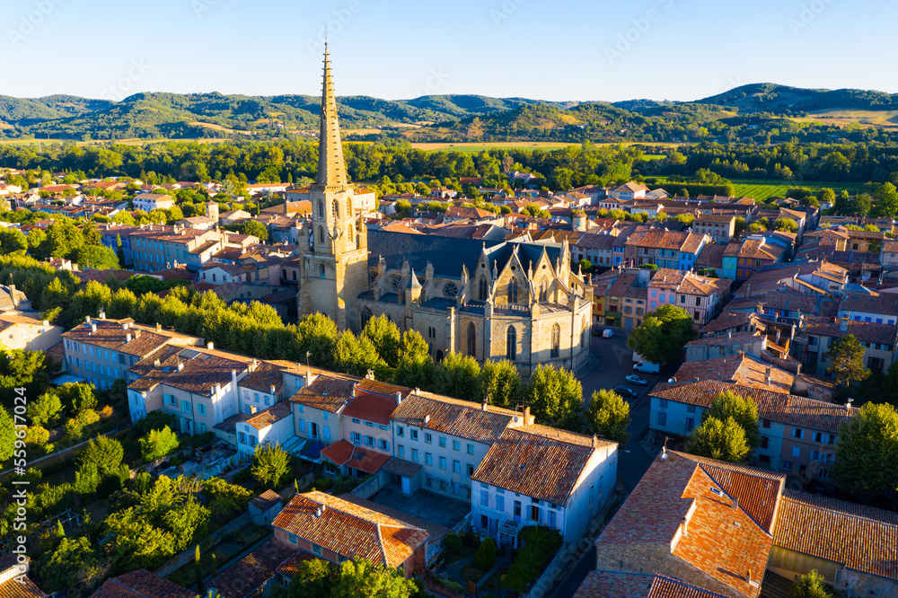 Aerial view of Mirepoix commune in Haute-Garonne department, southwestern France
