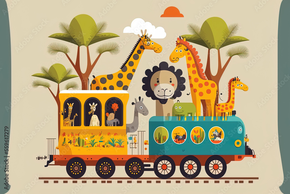 Cartoon creatures go somewhere. Zoo train, adorable animal trains, and