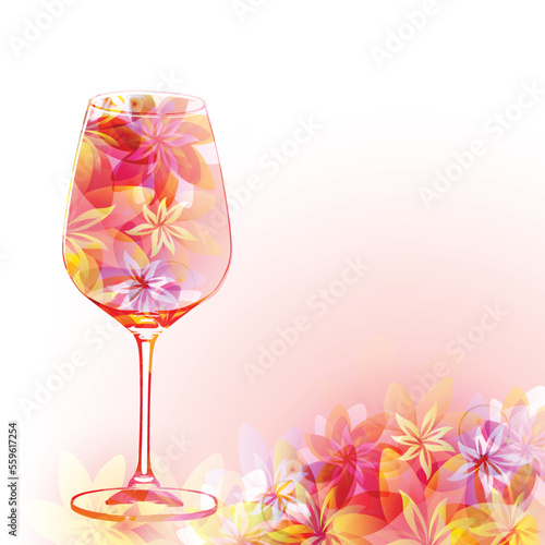 Elegant wine glass with flowers. Floral aroma wine in goblet. Colorful stemware with alcoholic beverage for celebrations. Floral wine flavour in glassware for special occasions. Degustation events.