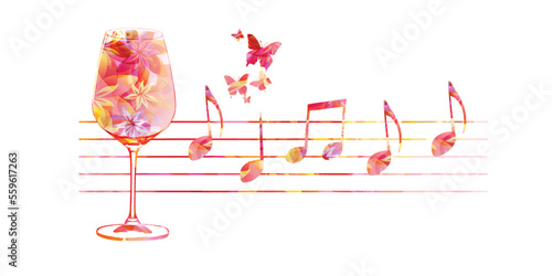 Elegant wine glass with flowers. Floral aroma wine in goblet with musical notes. Colorful stemware with alcoholic beverage for celebrations and special occasions. Degustation events.