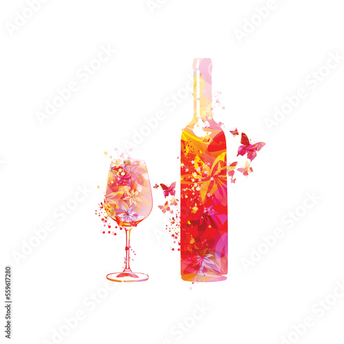 Elegant wine glass and bottle with flowers. Floral aroma wine in goblet. Colorful stemware with alcoholic beverage for celebrations and special occasions. Degustation events. Wine making and bottling.