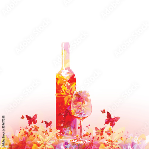 Elegant wine glass and bottle with flowers. Floral aroma wine in goblet. Colorful stemware with alcoholic beverage for celebrations and special occasions. Degustation events. Wine making and bottling.