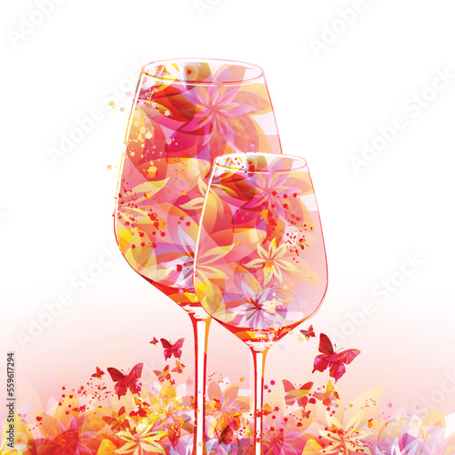 Elegant wine glass with flowers. Floral aroma wine in goblet. Colorful stemware with alcoholic beverage for celebrations. Floral wine flavour in glassware for special occasions. Degustation events.
