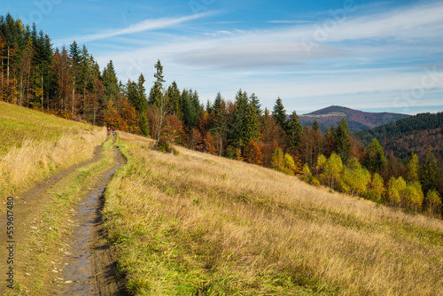 Beskid Wyspowy, szlak na Jasień z Mogielicą w tle, jesień © photogam