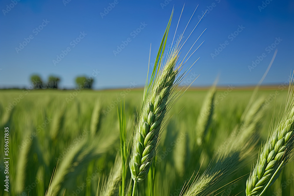 Unripe wheatgrass in a field against a sky of blue. Generative AI