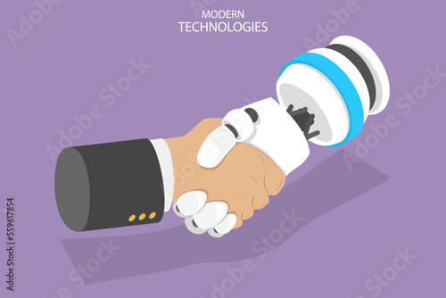 3D Isometric Flat Vector Conceptual Illustration of Modern Technologies, Artificial Intelligence, Human vs Cyborg Competition