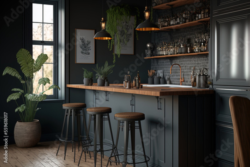 A cozy bar area with stools is located in a modern industrial style kitchen corner with dark grey walls  a hardwood floor  and grey counters with built in sinks. Generative AI