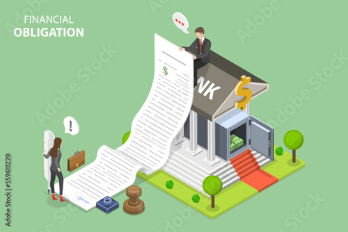 3D Isometric Flat Vector Conceptual Illustration of Financial Obligation, Loan Agreement, Money Borrowing