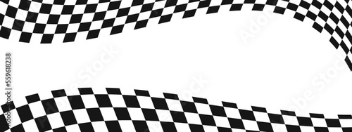 Waving race flags background with copyspace. Motocross, rally, sport car competition wallpaper. Warped black and white squares pattern. Checkered winding texture