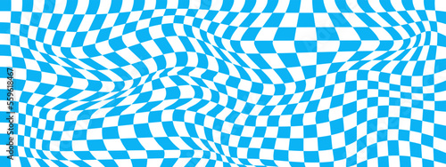 Distorted chess board background. Checkered optical illusion. Psychedelic pattern with warped black and white squares. Race flag texture. Trippy checkerboard surface