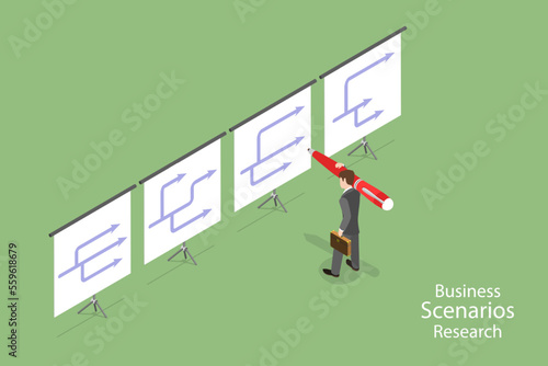 3D Isometric Flat Vector Conceptual Illustration of Business Scenario, Choosing Company Development Strategy