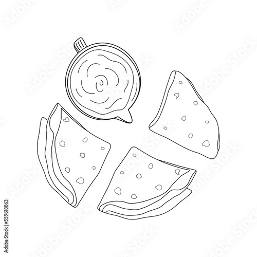 Corn tortillas folded in a triangle with sauce in a gravy boat. Line art. Traditional Latin American food