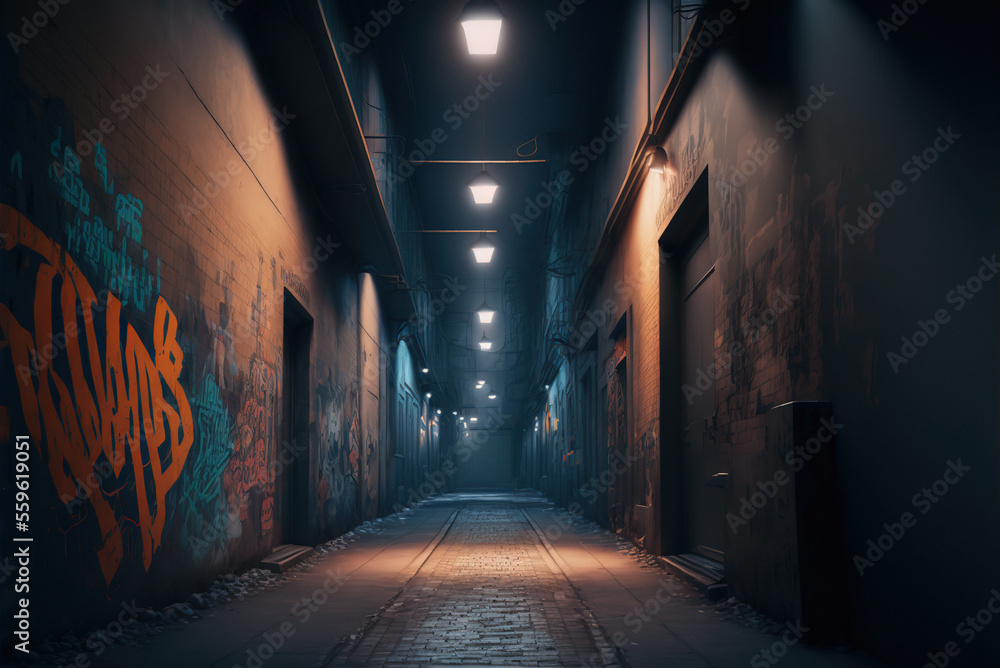 Empty dark street with graffiti on the wall, Generative AI - obrazy, fototapety, plakaty 