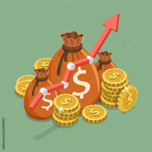 3D Isometric Flat Vector Conceptual Illustration of Earning Increase, Income or Revenue Growth