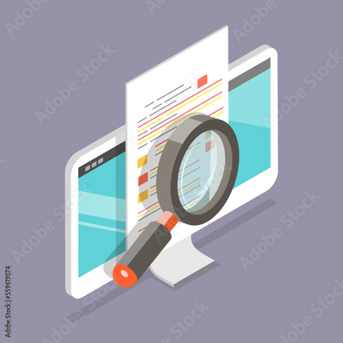 3D Isometric Flat Vector Icon of Document Review, Digital Document Check