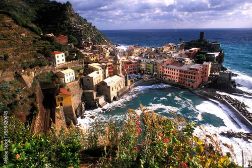 Beautiful Village of Vernazza in the Cinque Terre Area of Italy along Ocean photo