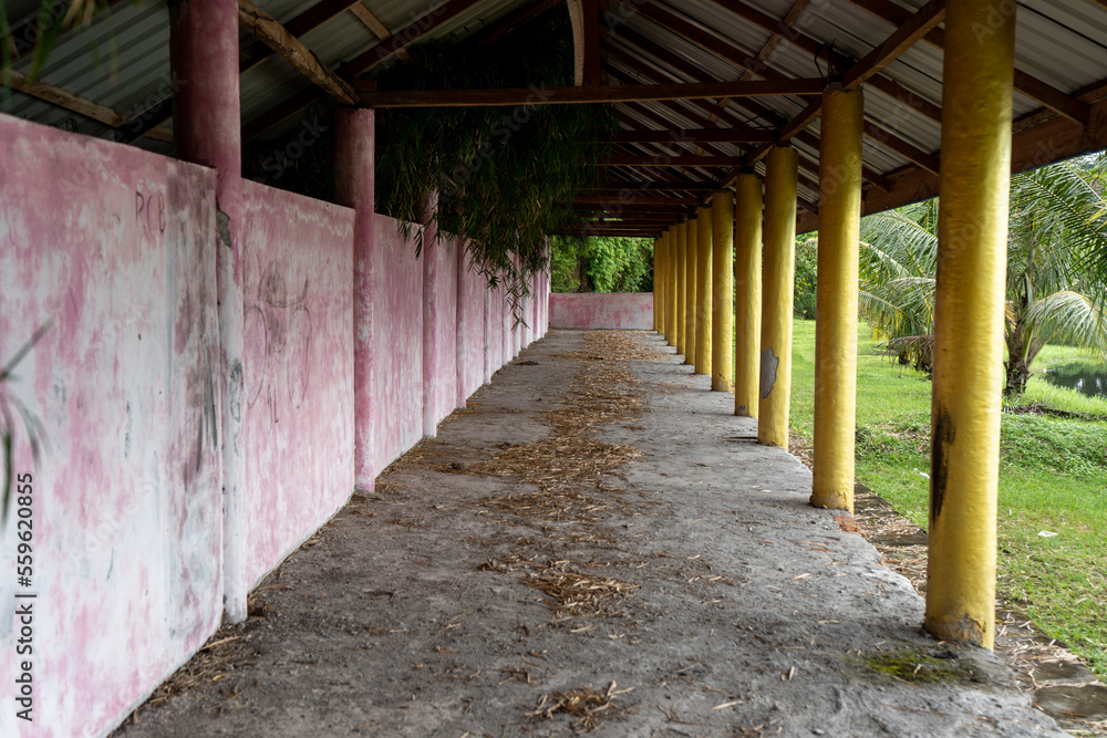 Perspective view of an empty small building with a wall and some yellow pillars