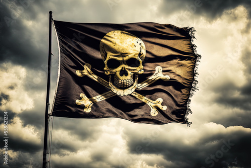 Pirate flag jolly roger on a cloudy sky. Generative AI