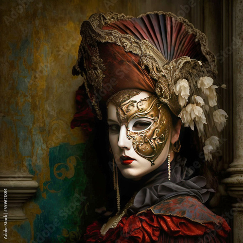 Portrait of a young woman wearing a Venetian mask, generative AI