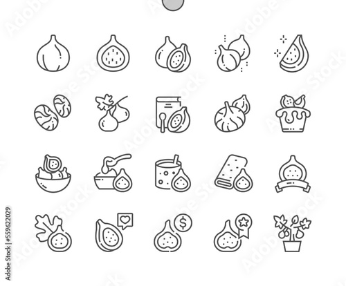 Fig. Summer tropical fruit. Whole and half fig. Food shop  supermarket. Fig smoothie. Pixel Perfect Vector Thin Line Icons. Simple Minimal Pictogram