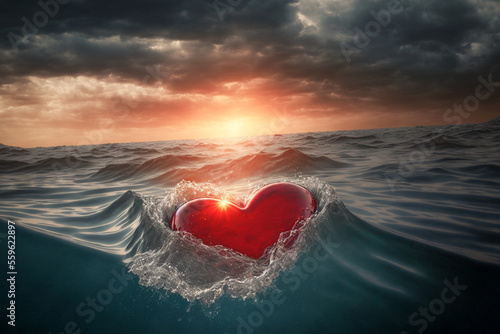 Large Red Heart Precariously Drifting In Tumultuous Ocean on Stormy Day - Generative AI. photo