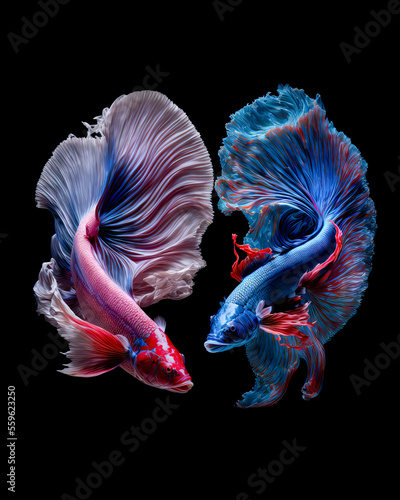 Two aggressive Chinese betta fighting fish, facing each other for combat. Multi color Siamese fighting fish rose tail and halfmoon ,fighting fish, Betta Splendens, on black background. Digital art 