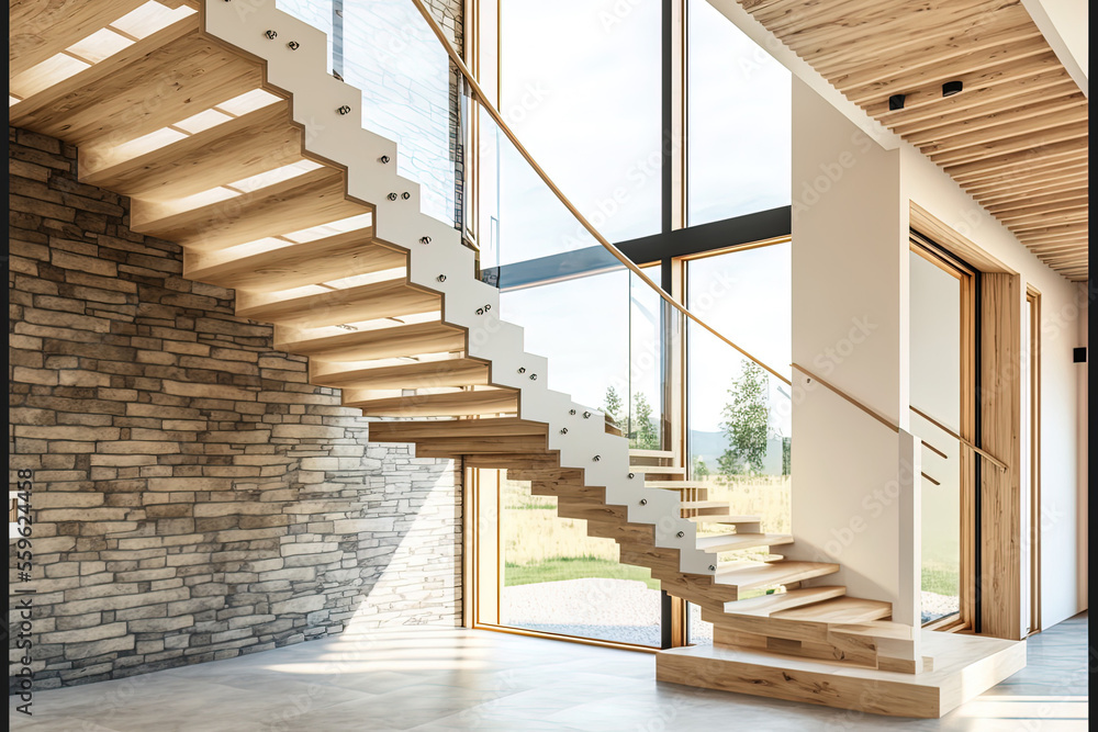 Interior of new home with contemporary staircase made of natural ash ...