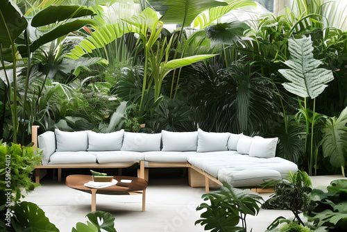 monstera deliciosa and other tropical plants, dreamy space for conversation pit, micelio and wood for the floor, begonia rex, sedums, bauhaus futuristic furniture and funny decoration, generative ai photo
