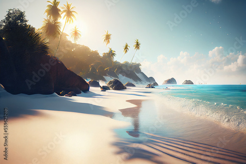 Tropical coastline and ocean view at sunset . Generative AI