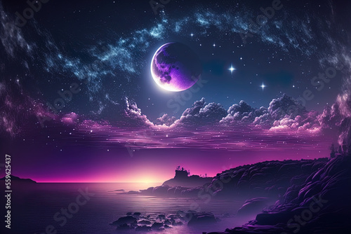 Sky with stars falling nebula purple lilac blue hazy seascape at sunset in the summer with stunning clouds. Generative AI