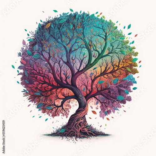 Multicolored tree of life with falling leaves, generative AI