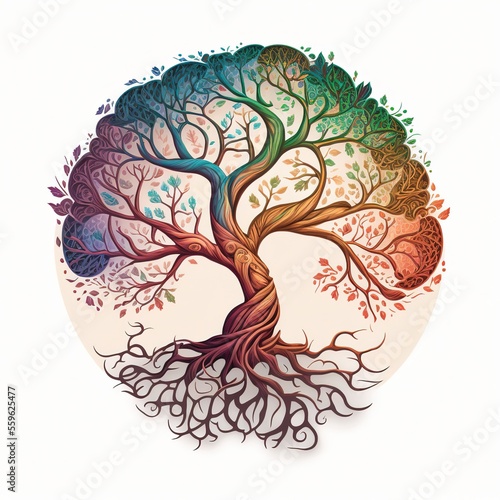 Stylized tree of life, circular cutout, dynamic branches and roots, generative AI