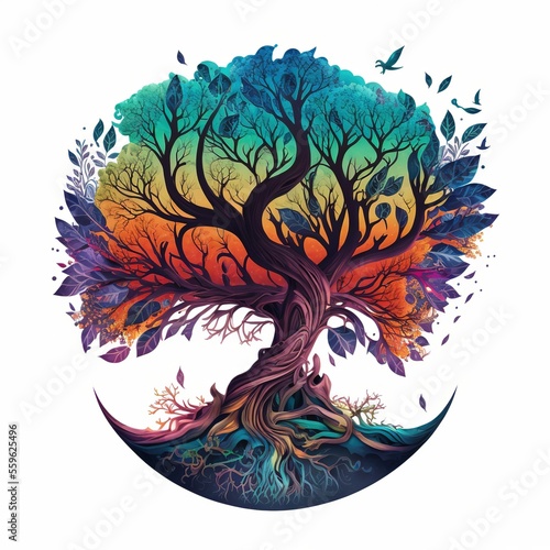 Stylized tree of life, roots in water, falling leaves, bright colors, generative AI