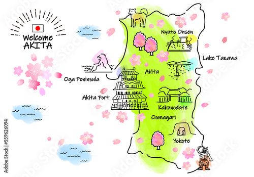 春の秋田県の観光地のシンプル線画イラストマップ