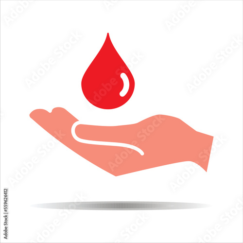 Hand donate blood. World blood donor day concept. Red drop symbol of volunteer blood donation. Vector illustration isolated on white background. Blood for charity.	