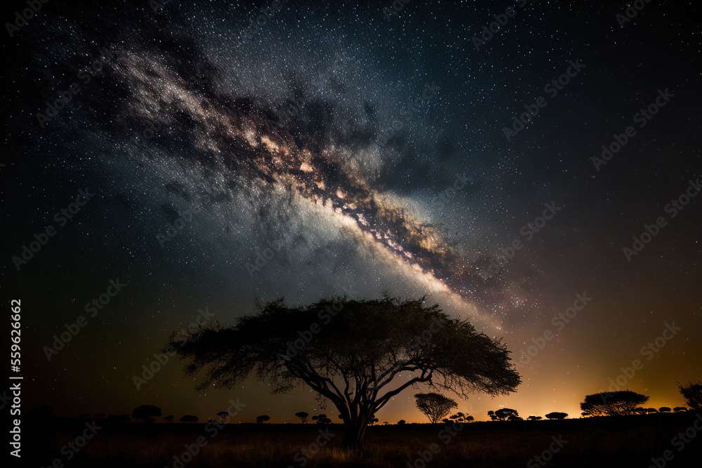 Starry night sky in Kenya's Masai Mara Safari mesmerizing vista. Generative AI