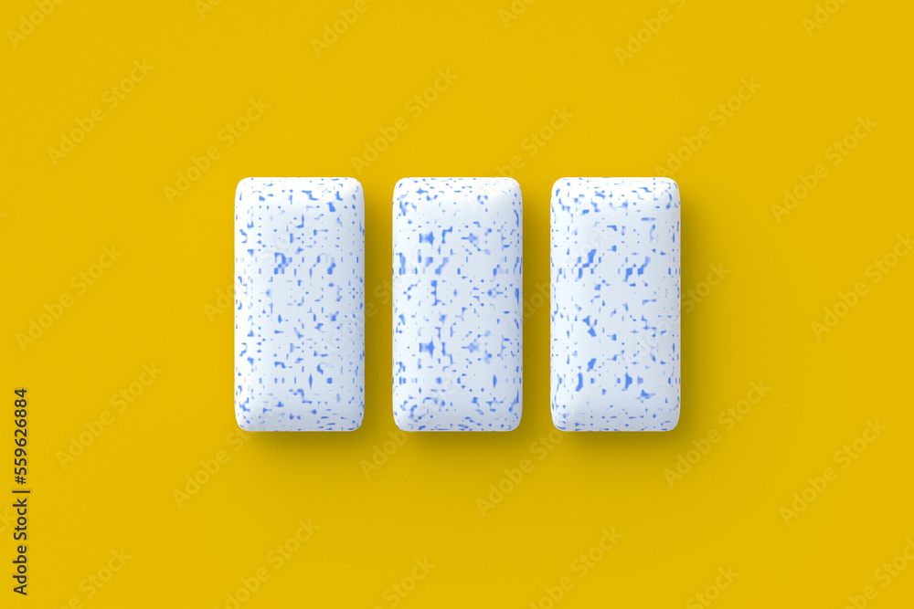 Three chewing gums. Mint bubblegums. Top view. 3d render Three chewing gums. Mint bubblegums. Top view. 3d render