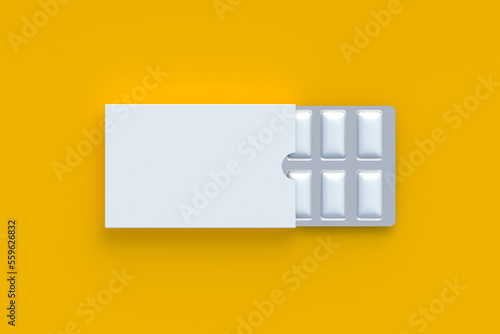Fotografie Chewing gum in blister pack. Mint bubblegum. Top view. 3d render